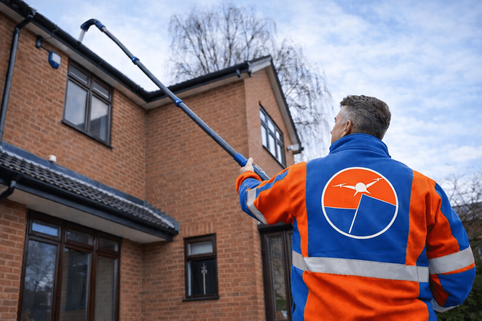 Professional technician cleaning gutter